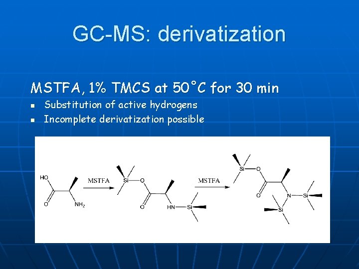 GC-MS: derivatization MSTFA, 1% TMCS at 50˚C for 30 min n n Substitution of