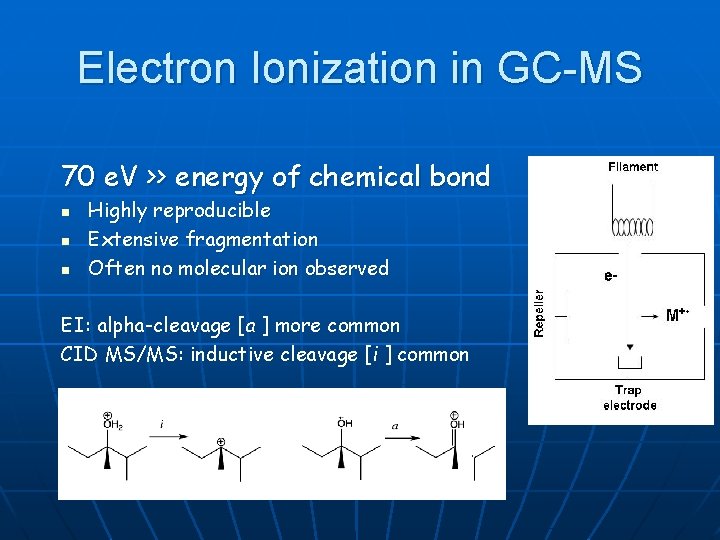Electron Ionization in GC-MS 70 e. V >> energy of chemical bond n n