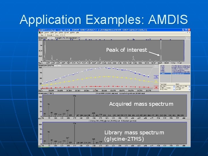 Application Examples: AMDIS Peak of interest Acquired mass spectrum Library mass spectrum (glycine-2 TMS)