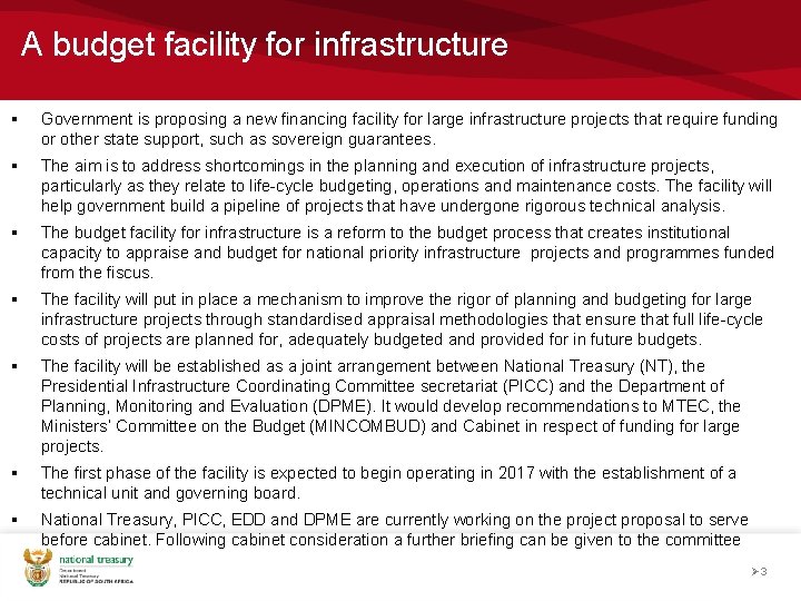 A budget facility for infrastructure § Government is proposing a new financing facility for