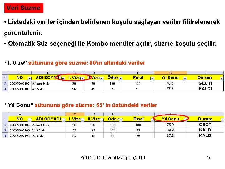 Veri Süzme • Listedeki veriler içinden belirlenen koşulu sağlayan veriler filitrelenerek görüntülenir. • Otomatik