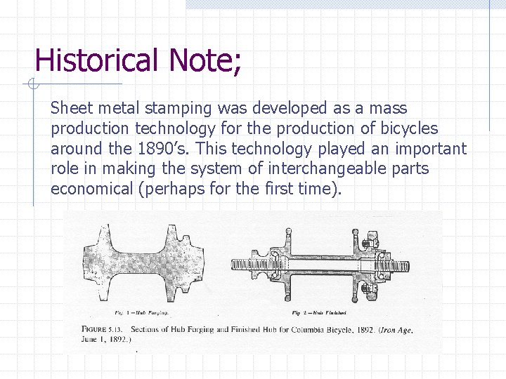 Historical Note; Sheet metal stamping was developed as a mass production technology for the