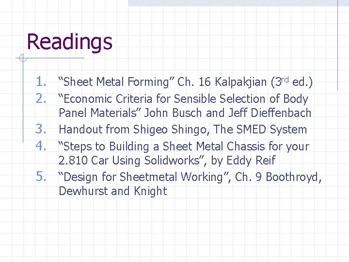 Readings 1. “Sheet Metal Forming” Ch. 16 Kalpakjian (3 rd ed. ) 2. “Economic