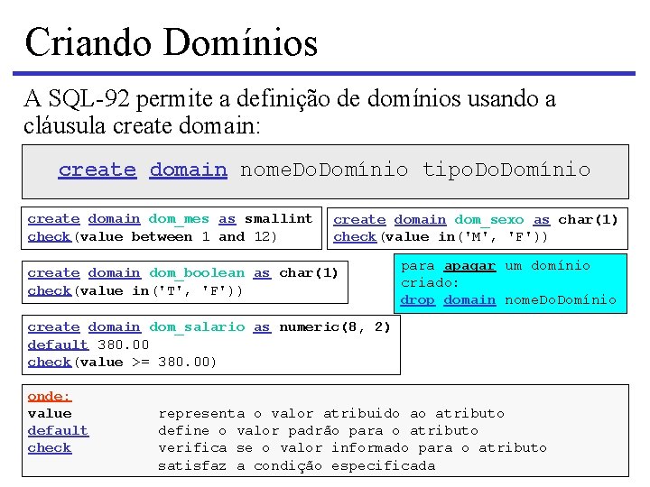 Criando Domínios A SQL-92 permite a definição de domínios usando a cláusula create domain: