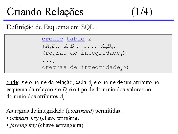 Criando Relações (1/4) Definição de Esquema em SQL: create table r (A 1 D