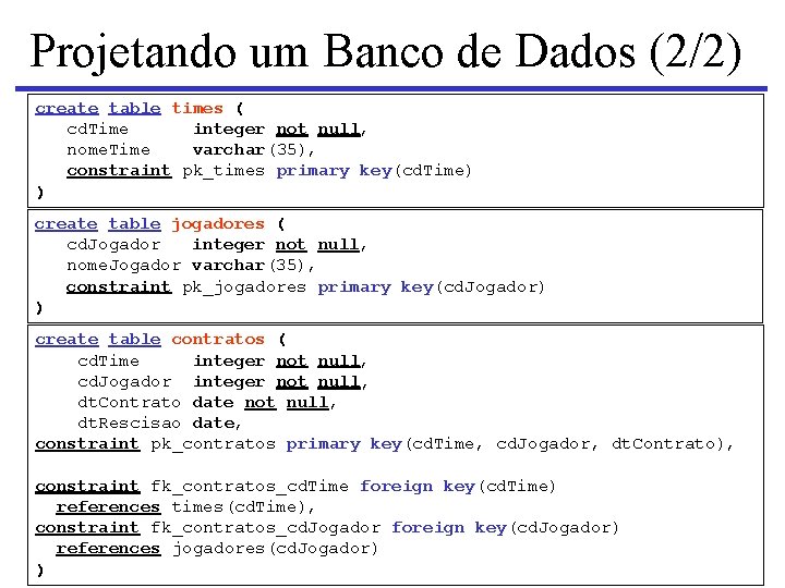 Projetando um Banco de Dados (2/2) create table times ( cd. Time integer not