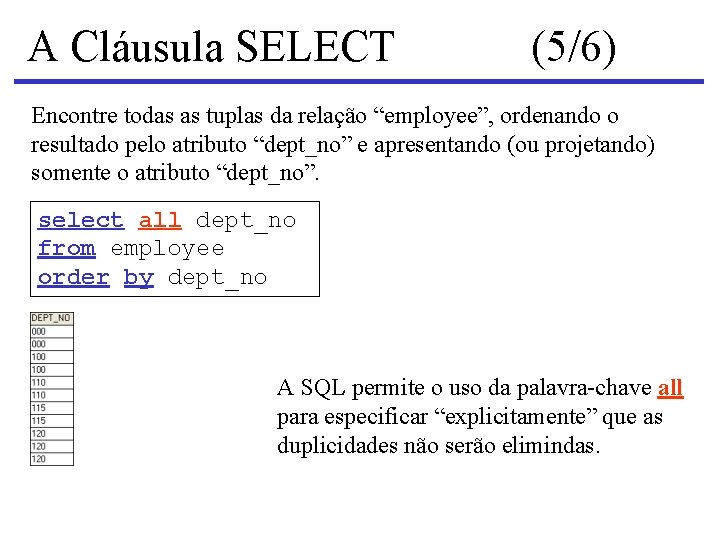 A Cláusula SELECT (5/6) Encontre todas as tuplas da relação “employee”, ordenando o resultado
