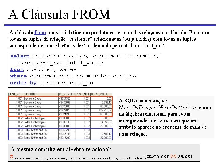 A Cláusula FROM A cláusula from por si só define um produto cartesiano das