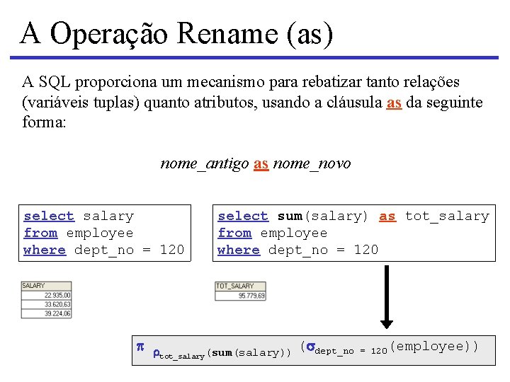 A Operação Rename (as) A SQL proporciona um mecanismo para rebatizar tanto relações (variáveis