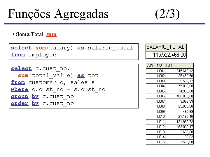 Funções Agregadas • Soma Total: sum select sum(salary) as salario_total from employee select c.