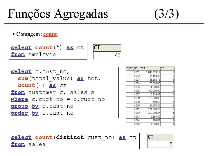 Funções Agregadas • Contagem: count select count(*) as ct from employee select c. cust_no,