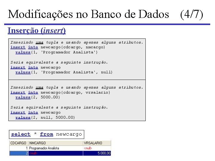 Modificações no Banco de Dados (4/7) Inserção (insert) Inserindo uma tupla e usando apenas