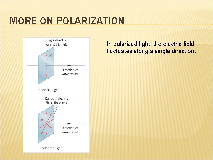 MORE ON POLARIZATION In polarized light, the electric field fluctuates along a single direction.