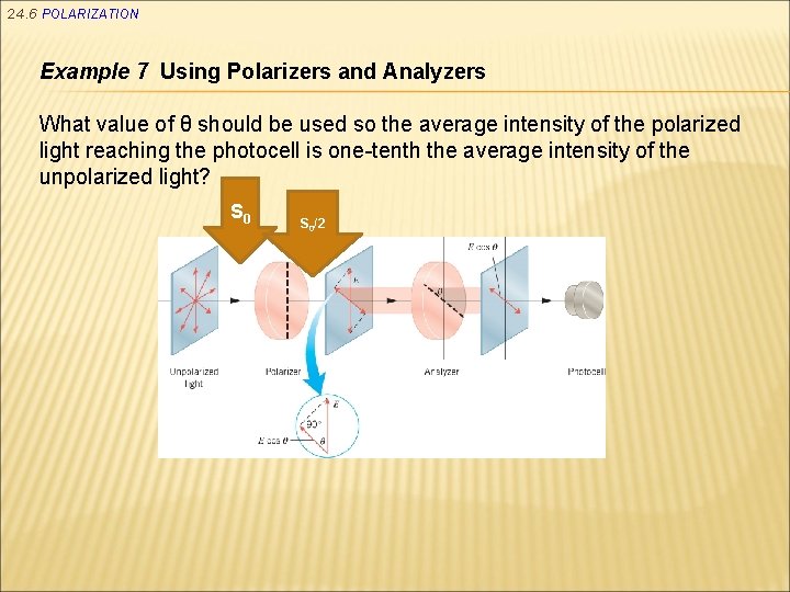 24. 6 POLARIZATION Example 7 Using Polarizers and Analyzers What value of θ should