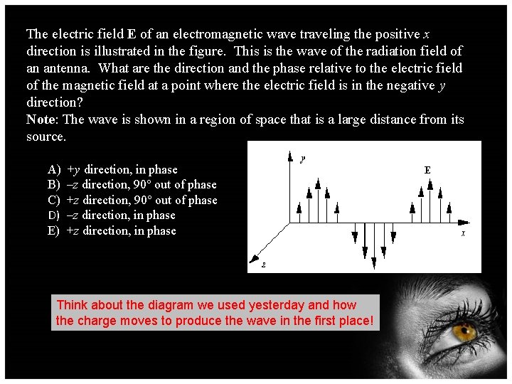 The electric field E of an electromagnetic wave traveling the positive x direction is