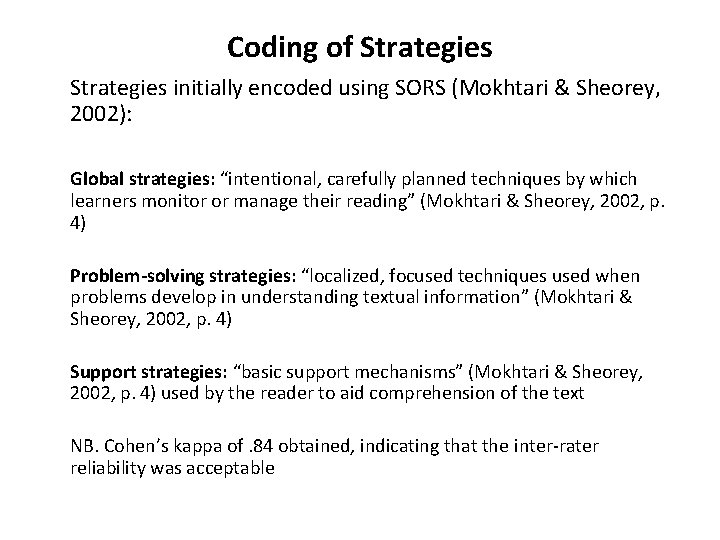 Coding of Strategies initially encoded using SORS (Mokhtari & Sheorey, 2002): Global strategies: “intentional,