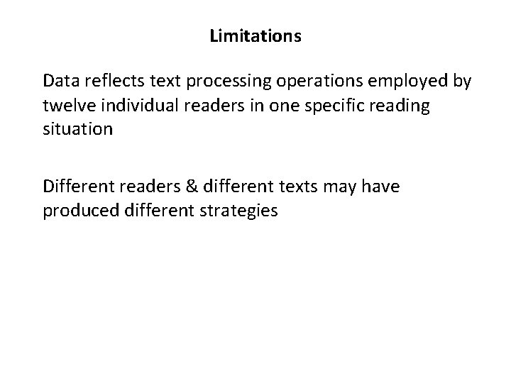 Limitations Data reflects text processing operations employed by twelve individual readers in one specific