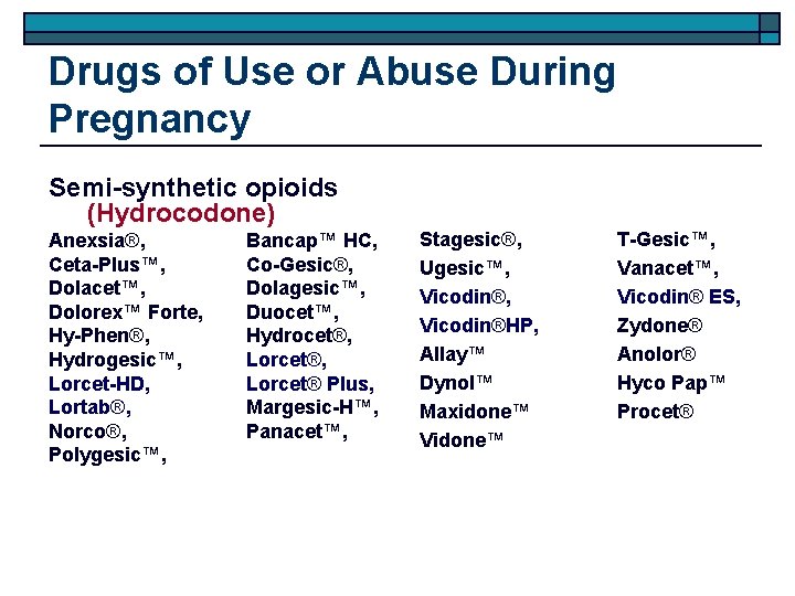 Drugs of Use or Abuse During Pregnancy Semi-synthetic opioids (Hydrocodone) Anexsia®, Ceta-Plus™, Dolacet™, Dolorex™