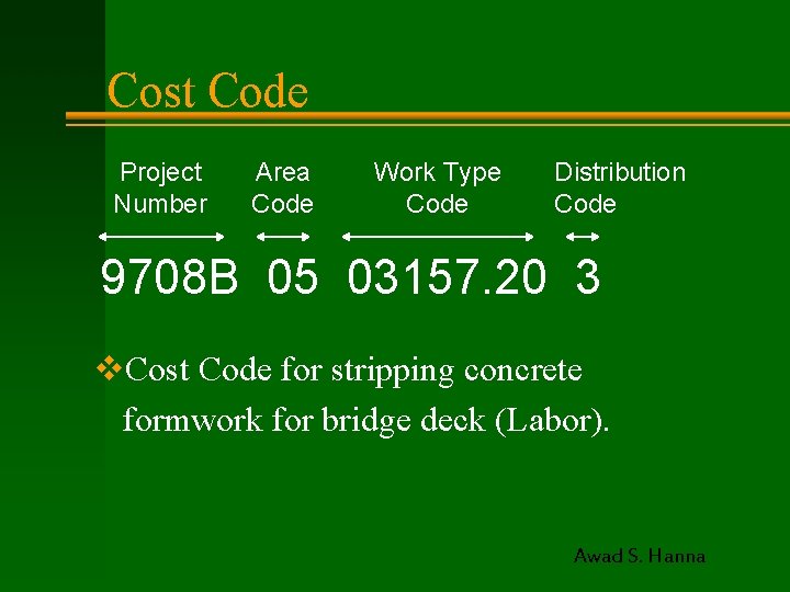 Cost Code Project Number Area Code Work Type Code Distribution Code 9708 B 05