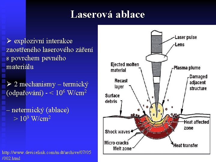 Laserová ablace Ø explozivní interakce zaostřeného laserového záření s povrchem pevného materiálu Ø 2