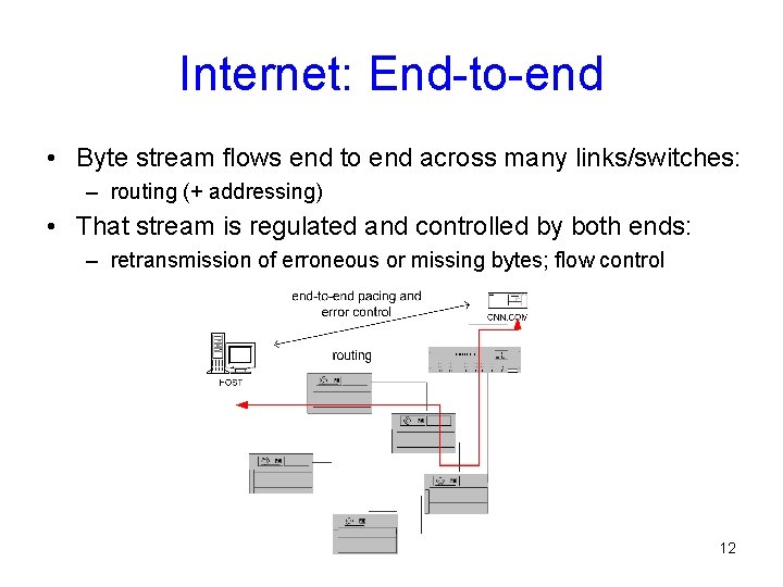 Internet: End-to-end • Byte stream flows end to end across many links/switches: – routing