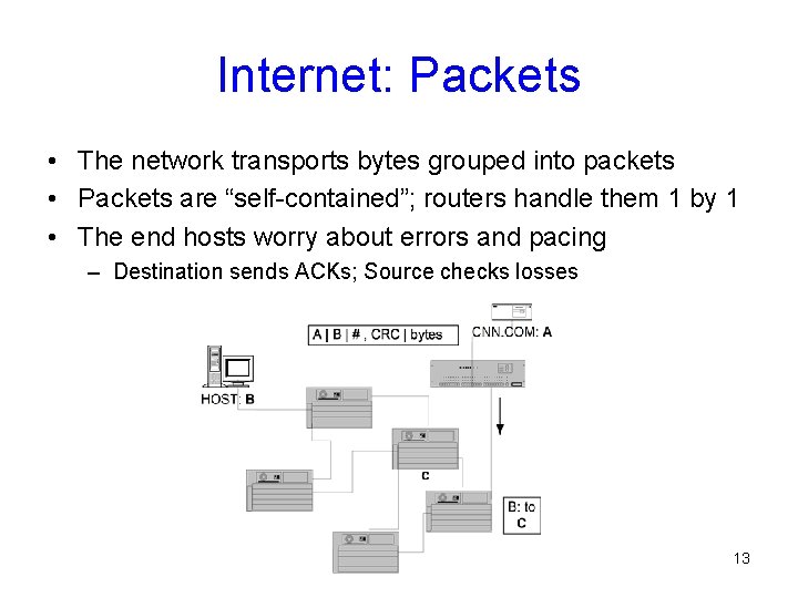 Internet: Packets • The network transports bytes grouped into packets • Packets are “self-contained”;