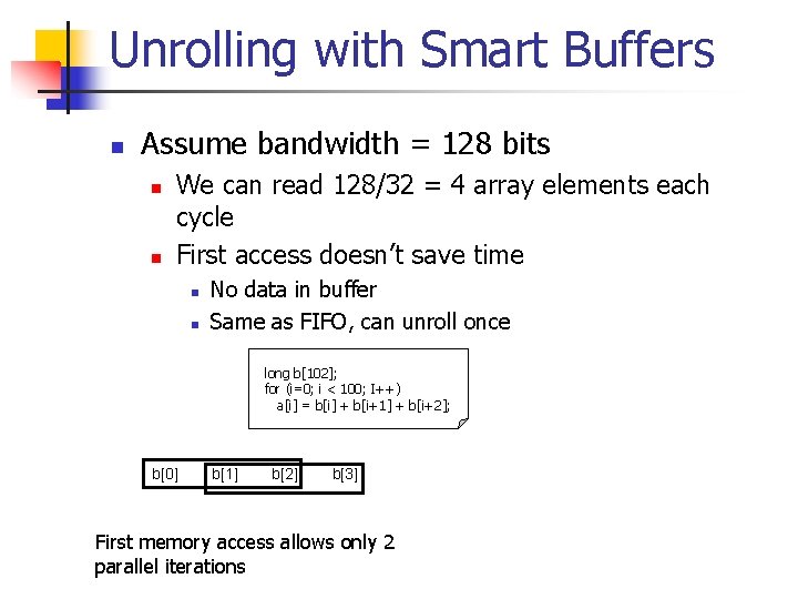 Unrolling with Smart Buffers n Assume bandwidth = 128 bits n n We can