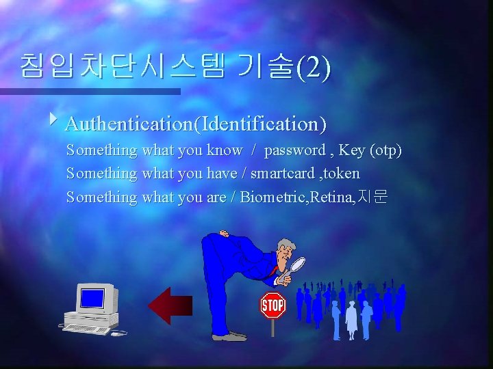침입차단시스템 기술(2) Authentication(Identification) Something what you know / password , Key (otp) Something what