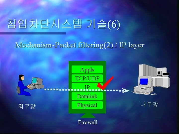 침입차단시스템 기술(6) Mechanism-Packet filtering(2) / IP layer Appls TCP/UDP IP 외부망 Datalink Physical Firewall