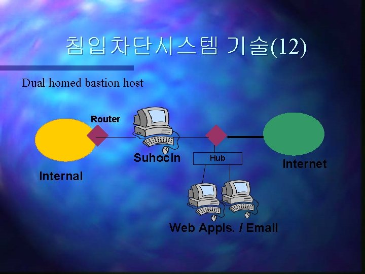 침입차단시스템 기술(12) Dual homed bastion host Router Suhocin Hub Internal Web Appls. / Email