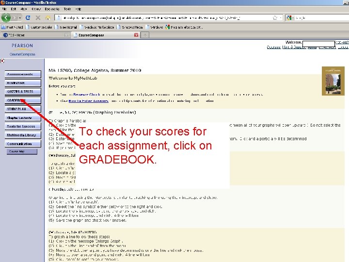 To check your scores for each assignment, click on GRADEBOOK. 