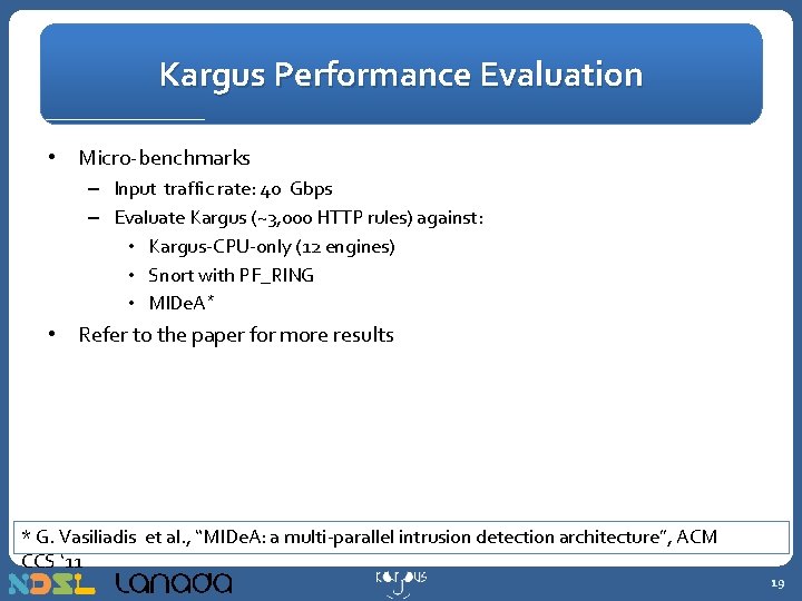 Kargus Performance Evaluation • Micro-benchmarks – Input traffic rate: 40 Gbps – Evaluate Kargus