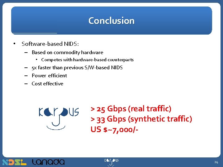 Conclusion • Software-based NIDS: – Based on commodity hardware • Competes with hardware-based counterparts