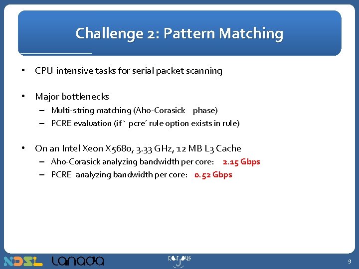 Challenge 2: Pattern Matching • CPU intensive tasks for serial packet scanning • Major