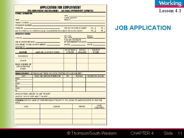 Lesson 4. 1 JOB APPLICATION © Thomson/South-Western CHAPTER 4 Slide 11 