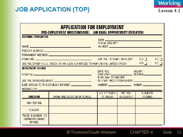 JOB APPLICATION (TOP) © Thomson/South-Western Lesson 4. 1 CHAPTER 4 Slide 12 