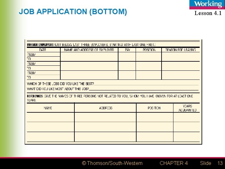 JOB APPLICATION (BOTTOM) © Thomson/South-Western Lesson 4. 1 CHAPTER 4 Slide 13 