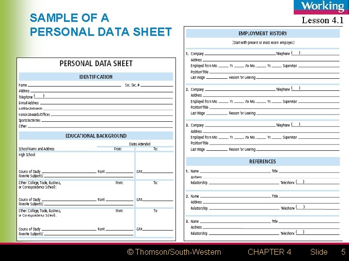 SAMPLE OF A PERSONAL DATA SHEET © Thomson/South-Western Lesson 4. 1 CHAPTER 4 Slide