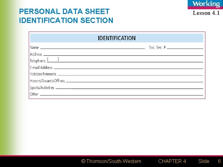 PERSONAL DATA SHEET IDENTIFICATION SECTION © Thomson/South-Western Lesson 4. 1 CHAPTER 4 Slide 6