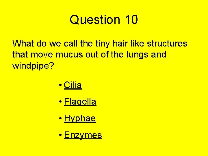 Question 10 What do we call the tiny hair like structures that move mucus Question 10 What do we call the tiny hair like structures that move mucus