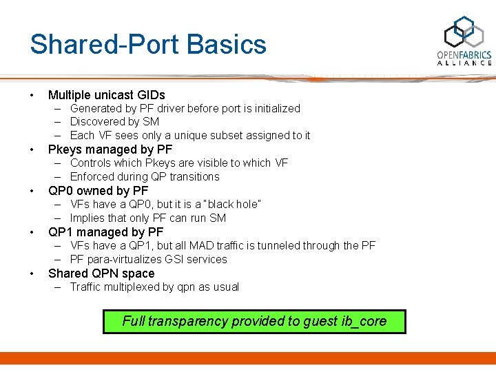 Shared-Port Basics • Multiple unicast GIDs – Generated by PF driver before port is