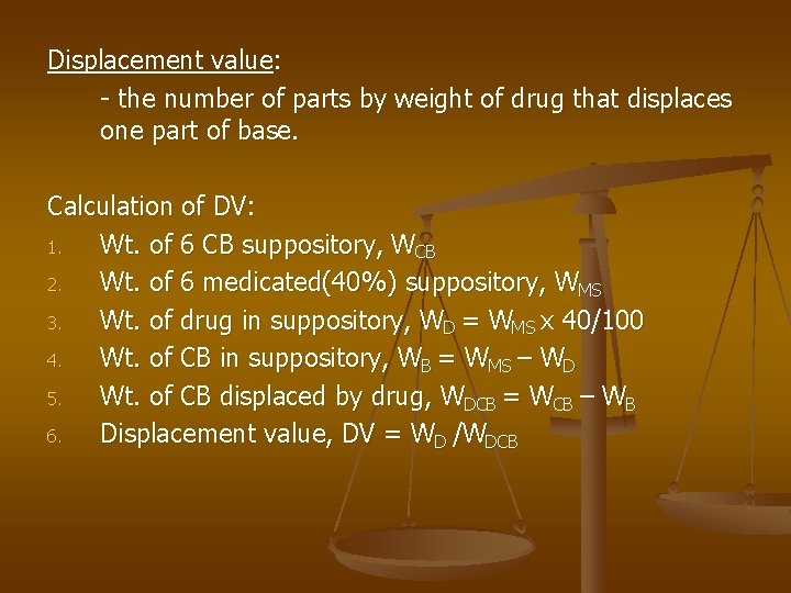 Displacement value: - the number of parts by weight of drug that displaces one Displacement value: - the number of parts by weight of drug that displaces one
