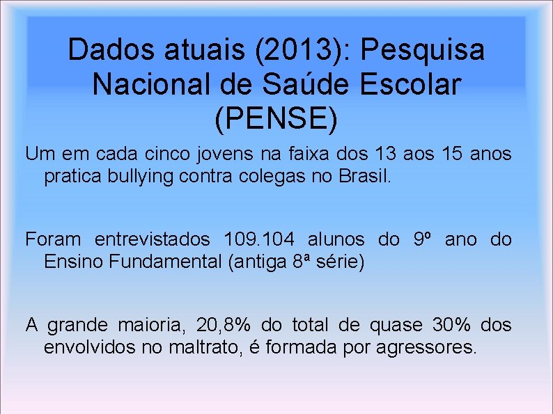 Dados atuais (2013): Pesquisa Nacional de Saúde Escolar (PENSE) Um em cada cinco jovens