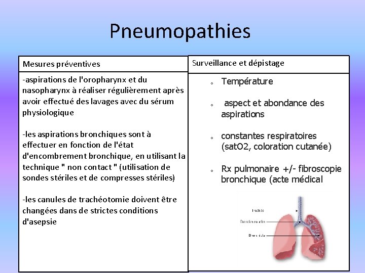 Pneumopathies Mesures préventives -aspirations de l'oropharynx et du nasopharynx à réaliser régulièrement après avoir