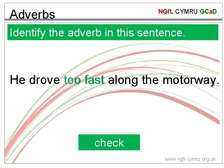 Adverbs NGf. L CYMRU GCa. D Identify the adverb in this sentence. He drove