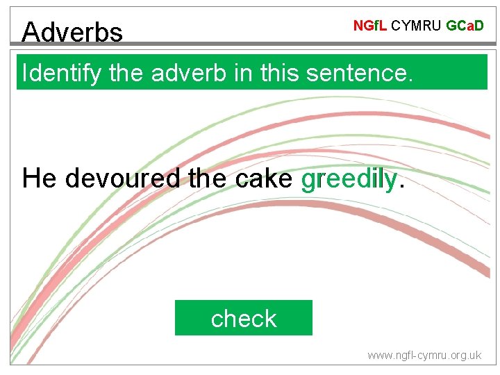 Adverbs NGf. L CYMRU GCa. D Identify the adverb in this sentence. He devoured