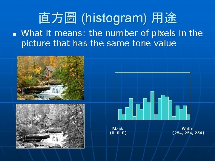 直方圖 (histogram) 用途 n What it means: the number of pixels in the picture