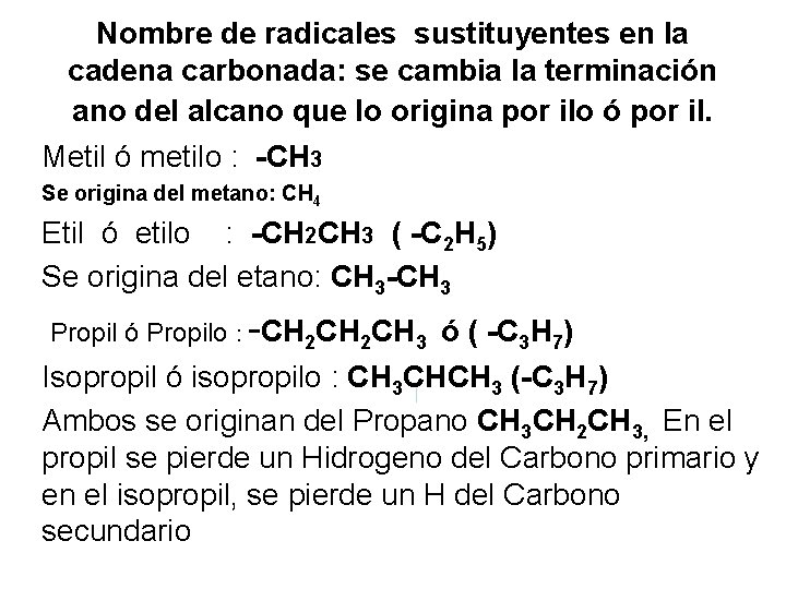 Nombre de radicales sustituyentes en la cadena carbonada: se cambia la terminación ano del
