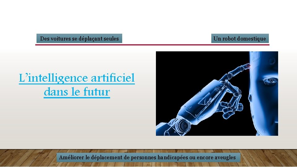  Des voitures se déplaçant seules Un robot domestique L’intelligence artificiel dans le futur