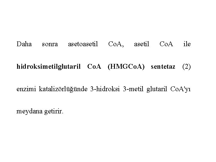 Daha sonra asetoasetil Co. A, asetil Co. A ile hidroksimetilglutaril Co. A (HMGCo. A)